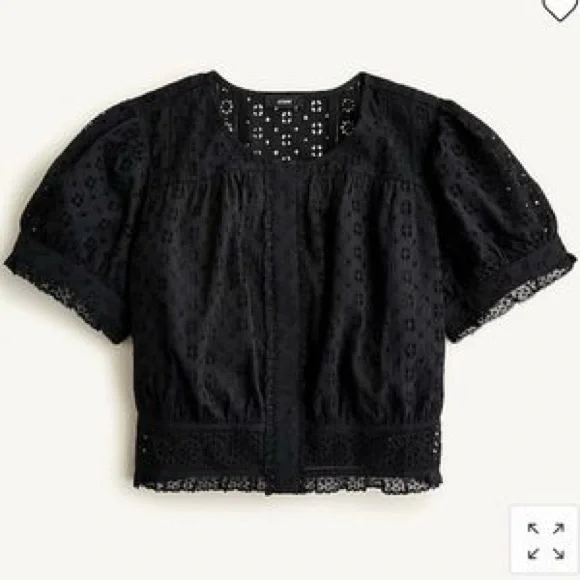J. Crew NWT Eyelet Cropped Top Blouse Lace Covered Buttons BLACK medium - Picture 4 of 16